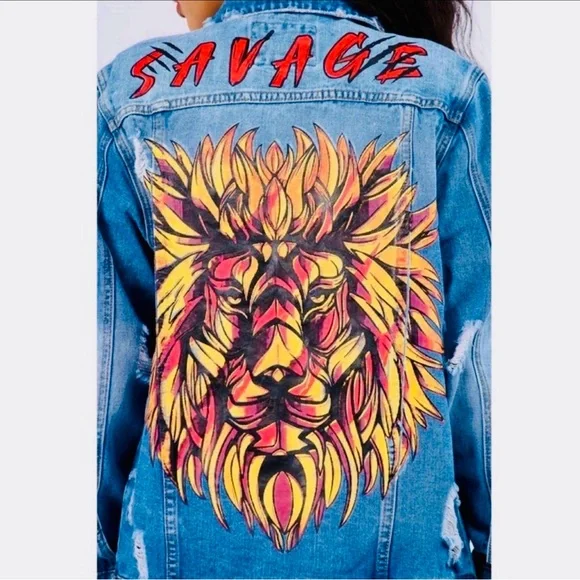 JACKET: “SAVAGE “ Lion Print Button-Down Denim Jean, EUC - Picture 2 of 7